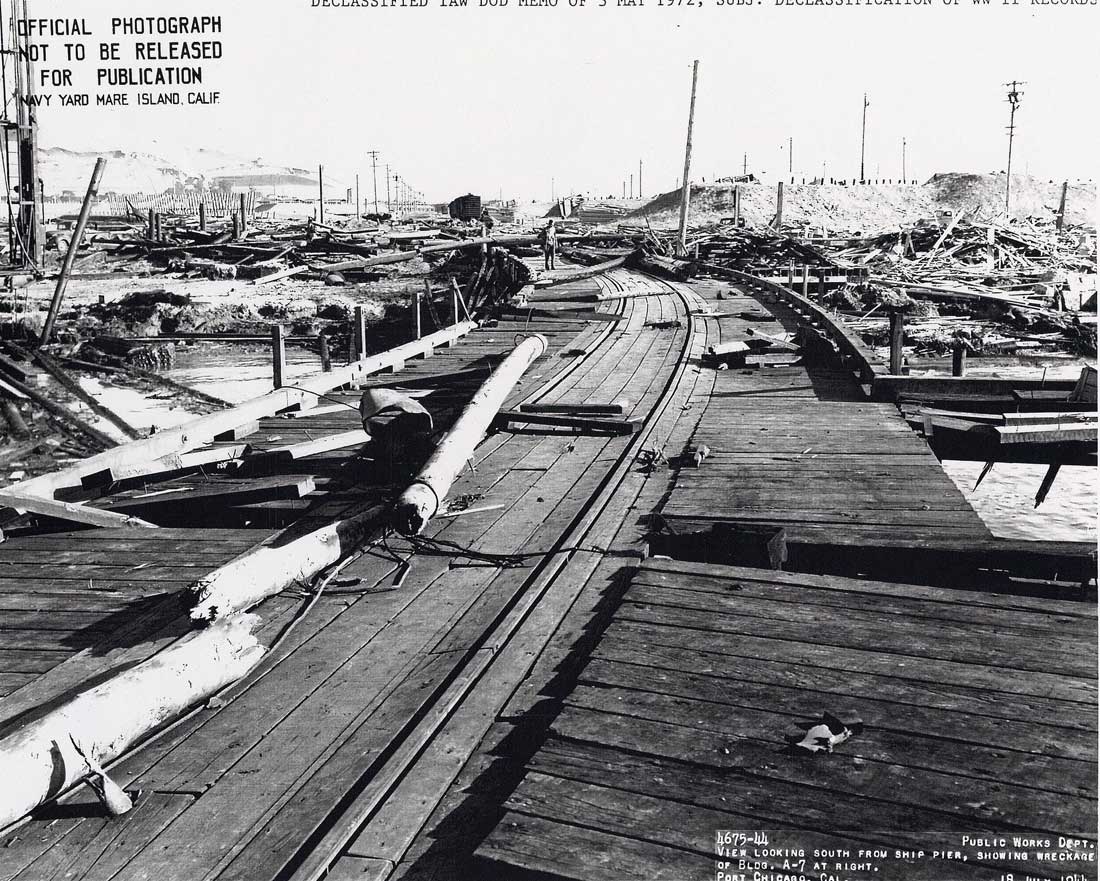 View of Port Chicago pier following explosion of July 17, 1944. Photo courtesy National Park Service Digital Image Archives 