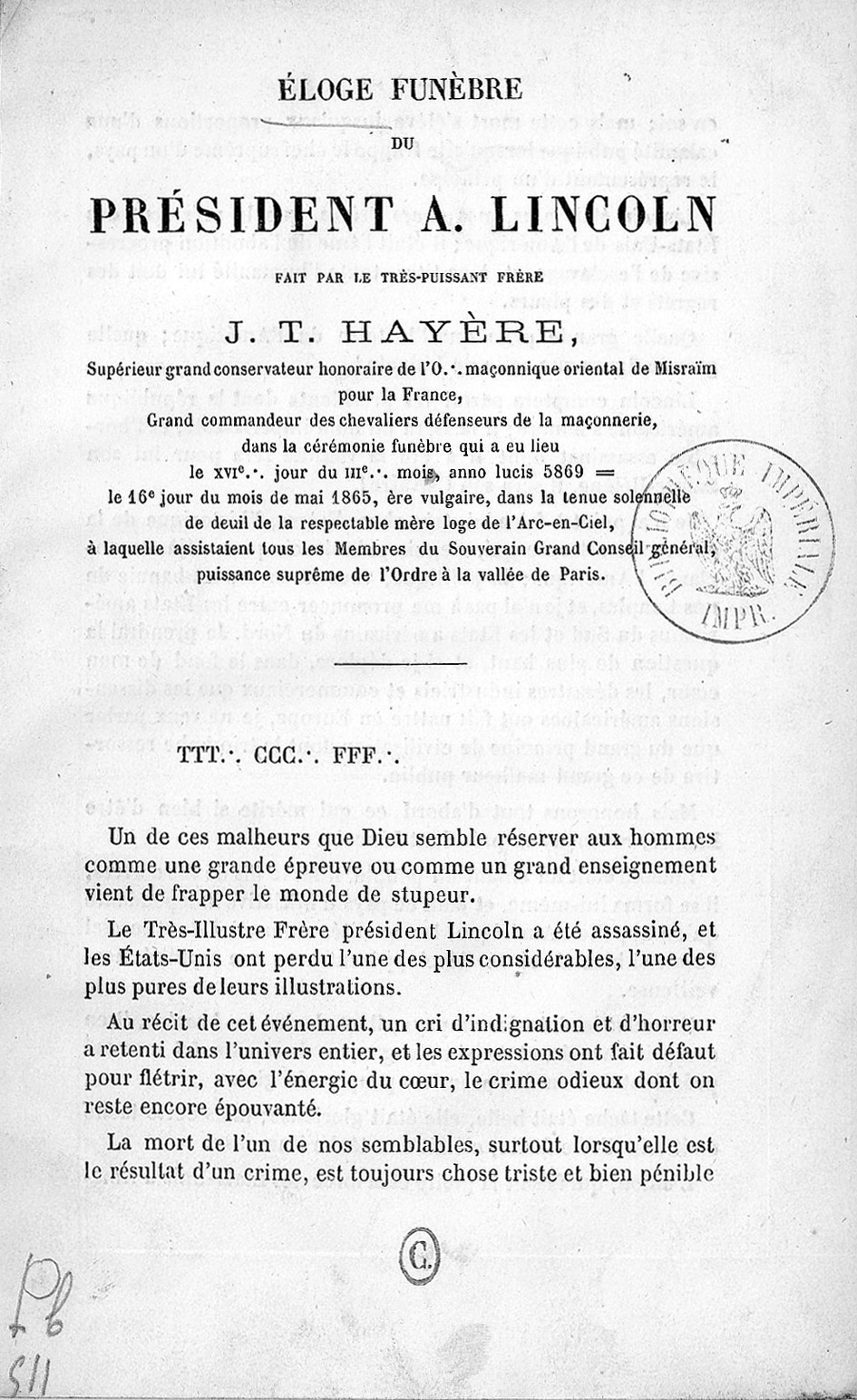 Hayère, J.-T. Discours funèbre prononcé à la mémoire du président Lincoln, 1865, title page. Bibliothèque nationale de France, Paris.