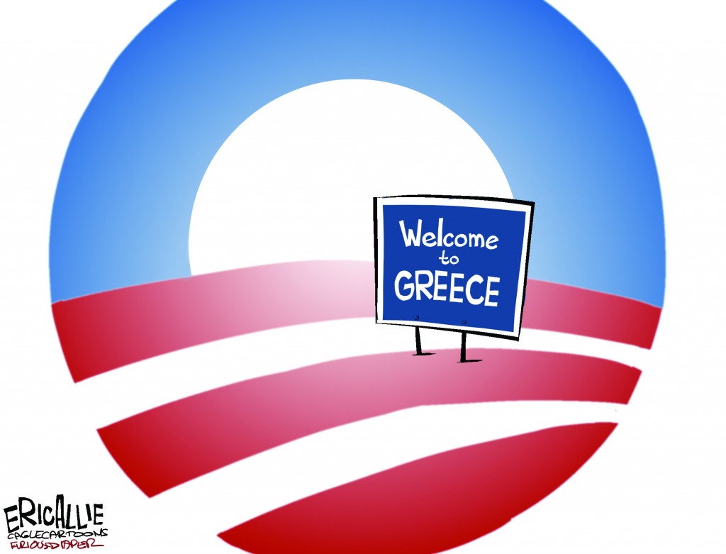 © Copyright: Eric Allie, "Obama USA Like Greece Color" 2009, http://www.politicalcartoons.com